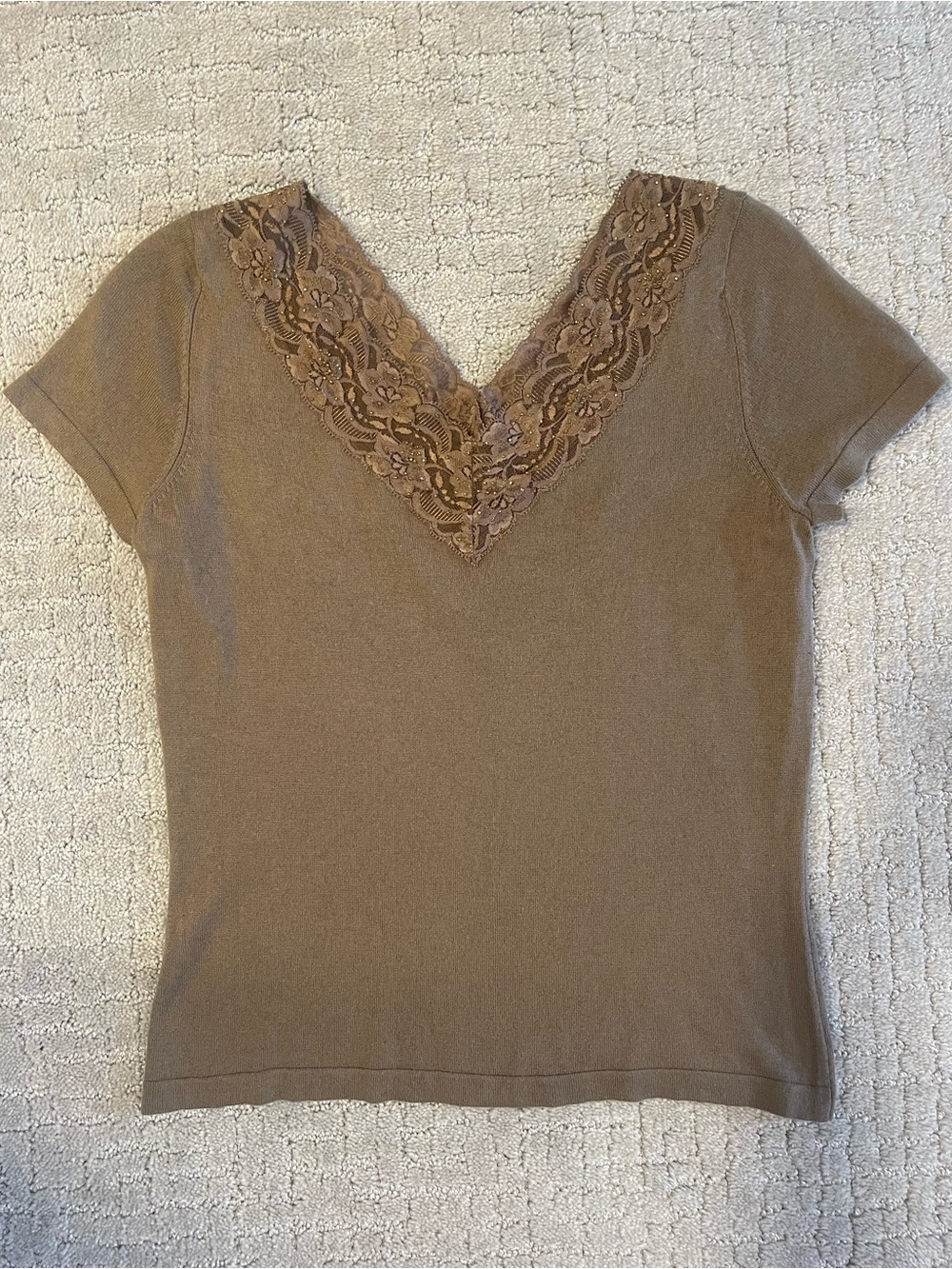 Kate Hill Brown Lace-Trim V-Neck Short Sleeve Top